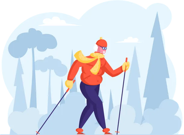Senior citizen Exercising with Scandinavian Walking Sticks Illustration