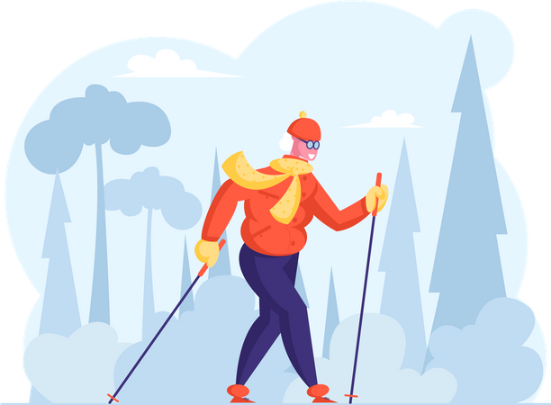 Senior citizen Exercising with Scandinavian Walking Sticks  Illustration