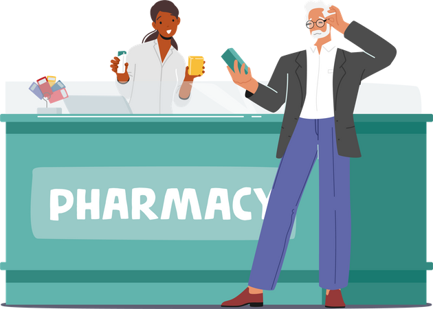 Senior Citizen Male achetant des médicaments  Illustration