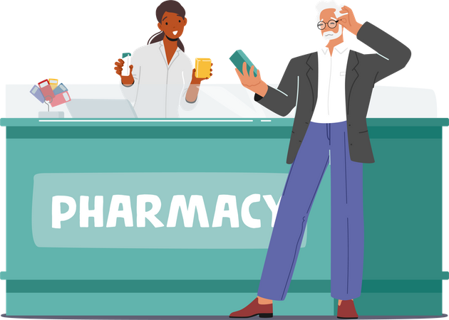 Senior Citizen Male buying medicines  イラスト