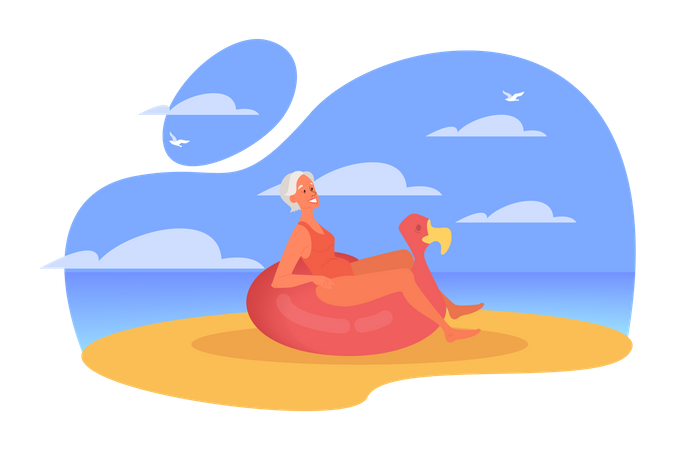 Senior citizen woman spending time at beach  Illustration