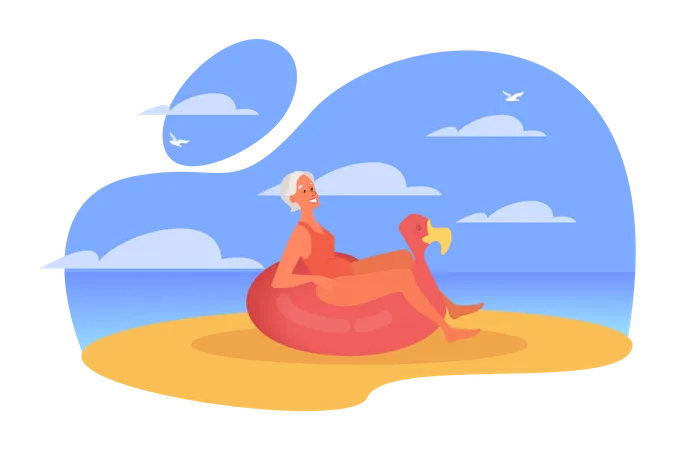 Senior citizen woman spending time at beach  Illustration