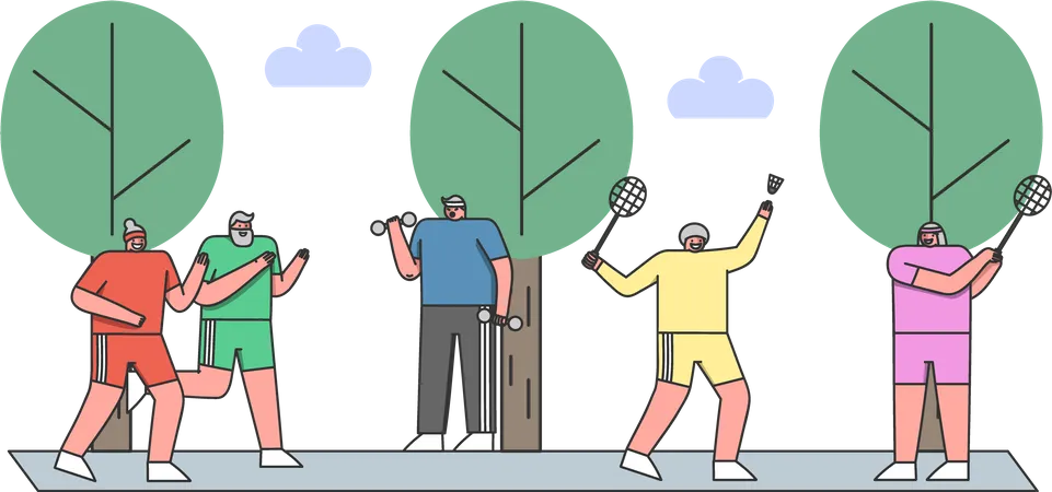 Senior citizens doing physical activities in the park Illustration