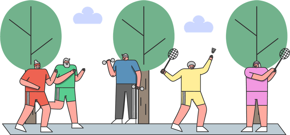 Senior citizens doing physical activities in the park  Illustration