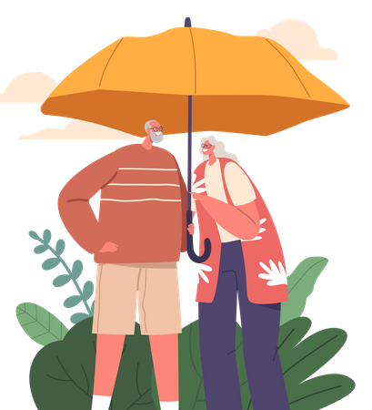 Senior Couple Characters Stand Under Umbrella  Illustration