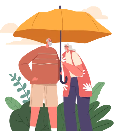 Senior Couple Characters Stand Under Umbrella Symbolizing Family Protection Love Care And Support Depicted In Their Embrace Sheltered From Lifes Storms Cartoon People Vector Illustration Illustration