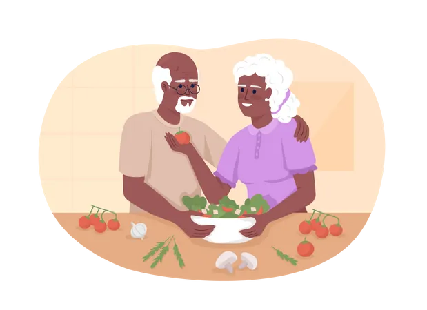 Senior couple cook dinner in kitchen Illustration