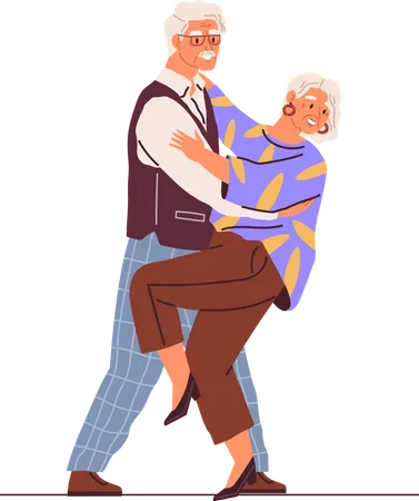 Old Couple Dance Vector Illustration Man And Woman Hold Hands And Demonstrate Dance Moves Grandma And Grandpa At The Dance Retired Senior Couple Dancing Together Aged People Having Fun Illustration