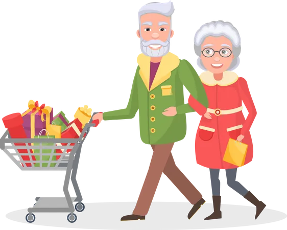 Senior Couple Grandmother And Grandfather Do Shopping Together Elderly People With Cart Full Of Presents Wrapped Gift Boxes Spend Time Together Vector Illustration