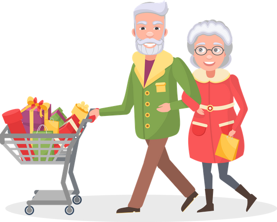 Senior Couple Doing Christmas Shopping  Illustration
