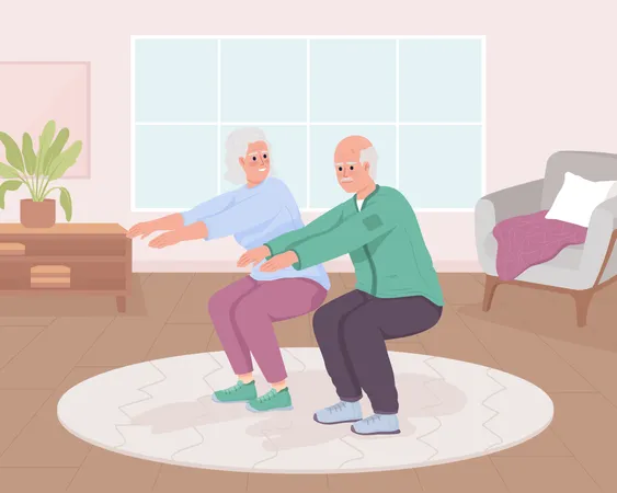 Senior couple doing sit ups at home Illustration