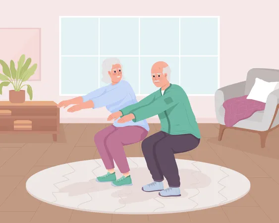 Senior couple doing sit ups at home  Illustration