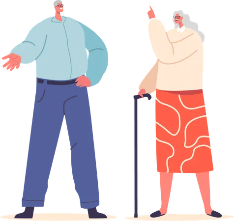 Senior Couple Character Exhibiting Wisdom Guide With Pointing Or Indicating Hand Gestures Their Experienced And Knowing Looks Offer A Reassuring Path And Advice Cartoon People Vector Illustration イラスト