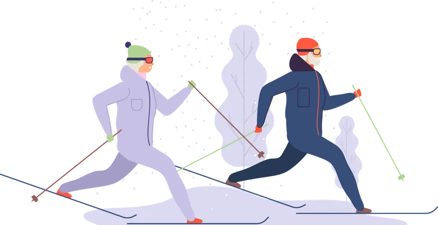 Couple de personnes âgées faisant du ski sur glace  Illustration