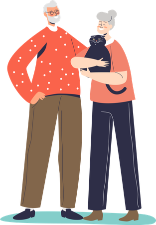 Senior couple holding cat Illustration