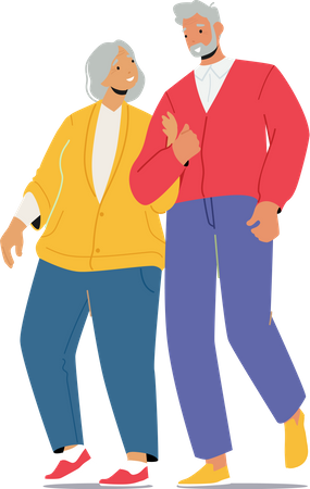 Senior Couple Holding Hands Walk Together  Illustration