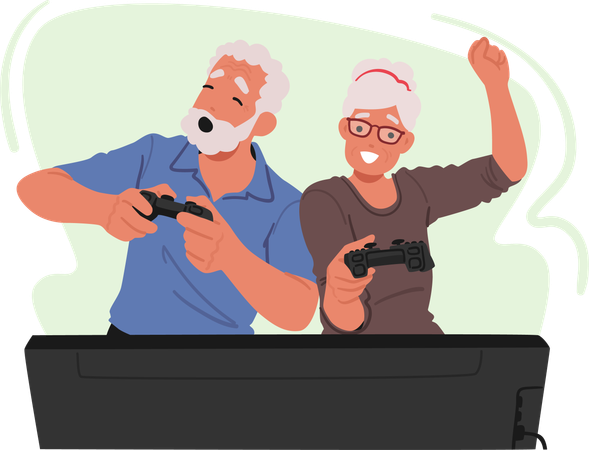 Senior couple is enjoying playing video games  Illustration