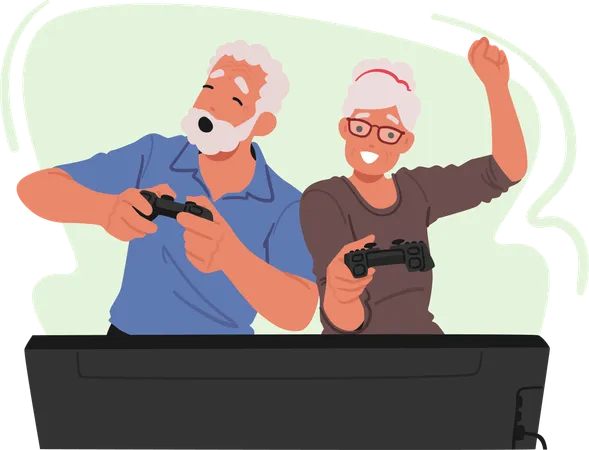 Senior Couple Joyfully Engaged In Video Gaming Display Teamwork And Laughter Old Characters Comfortably Sitting In Their Living Room With Controllers In Hands Cartoon People Vector Illustration Illustration