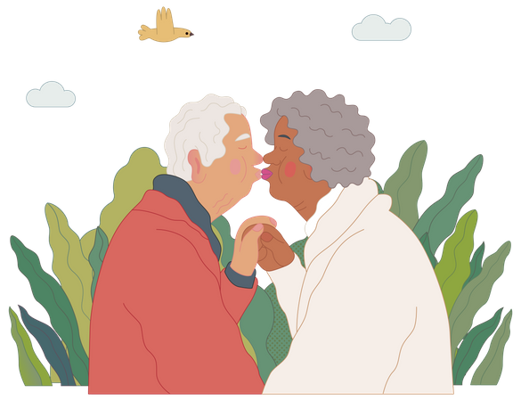 Senior Couple Kissing Illustration