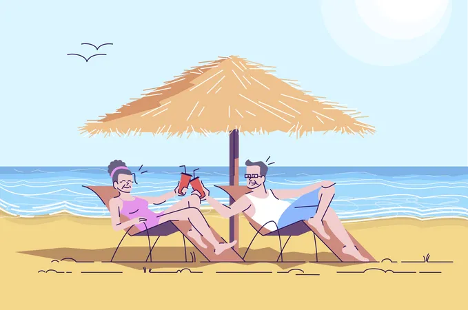 Senior couple relaxing on beach  Illustration