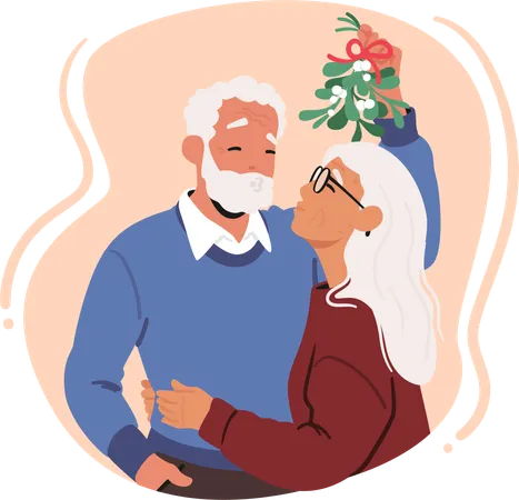Senior couple shares heartwarming kiss under the mistletoe  Illustration