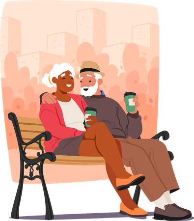 Senior couple sips warm coffee on park bench  Illustration