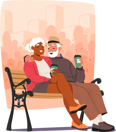 Senior couple sips warm coffee on park bench  일러스트레이션