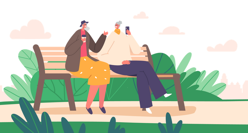 Senior couple sitting in park Illustration