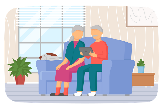Senior couple sitting on couch and watching video on tablet Illustration
