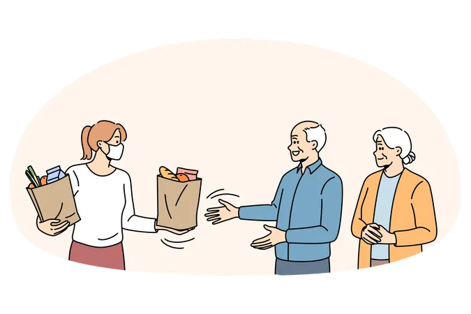 팬데믹 기간 중 여성 택배 배달원으로부터 음식 소포를 받고 서 있는 노부부  일러스트레이션