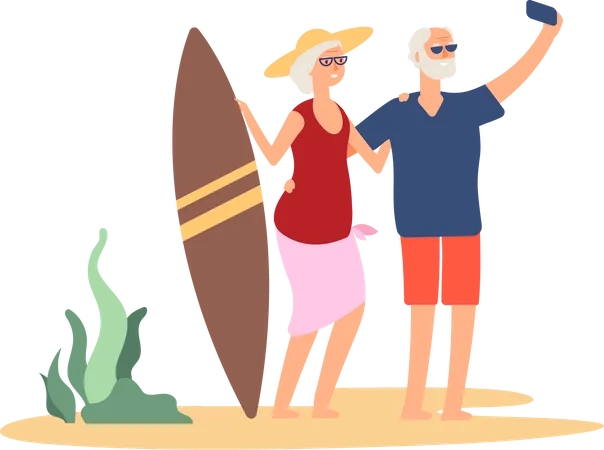 Senior couple talking selfie with surfing board Illustration