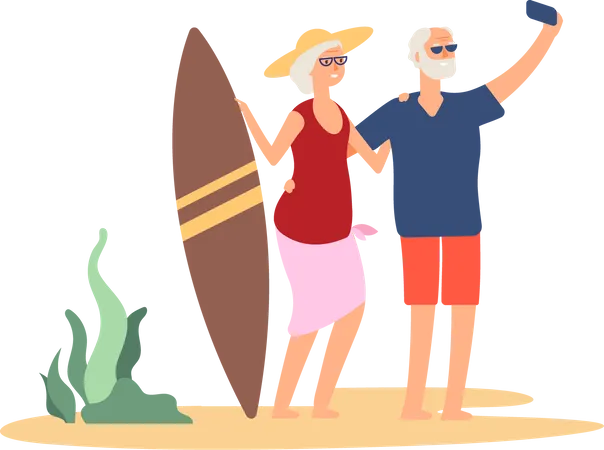 Senior couple talking selfie with surfing board  Illustration