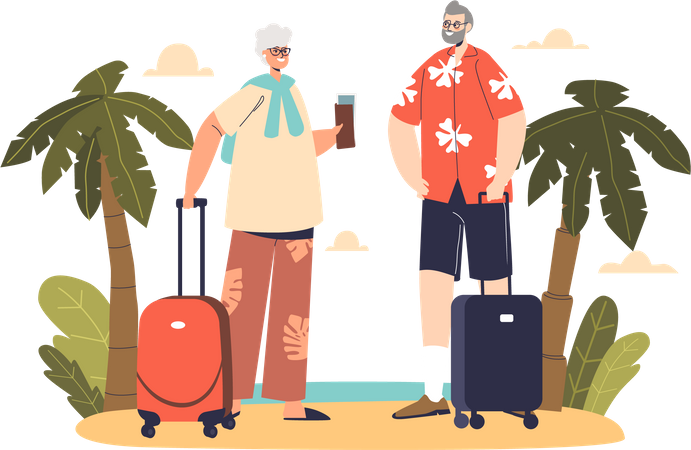 Senior couple travel on seaside vacation  Illustration