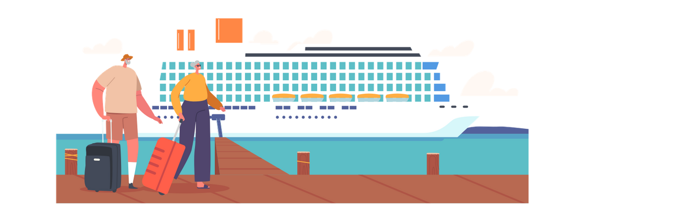 Senior Couple Waiting Boarding on Cruise Liner Deck  Illustration