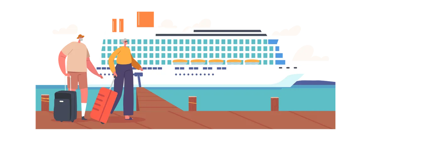 Senior Couple Waiting Boarding on Cruise Liner Deck  Illustration