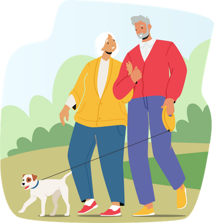 Senior Couple Walk With Dog at Park  Illustration