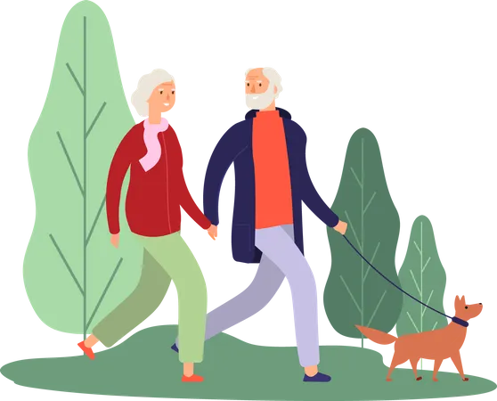 Senior couple walking with dog  Illustration