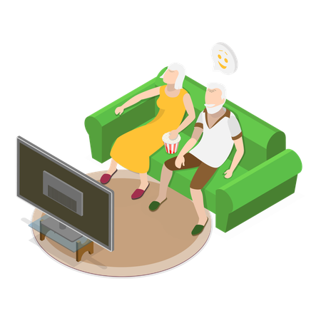 Senior couple watching movie on TV at home  Illustration