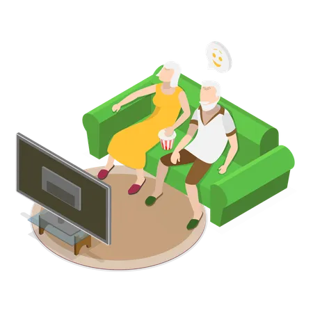 Senior couple watching movie on TV at home  Illustration