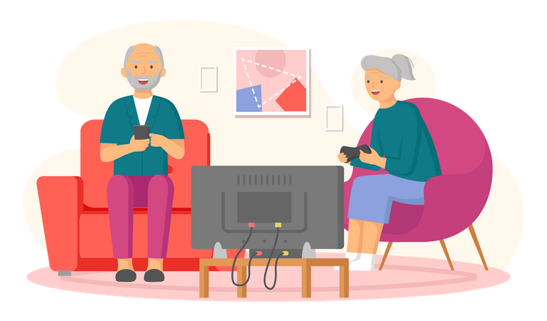 Senior couple watching TV Illustration