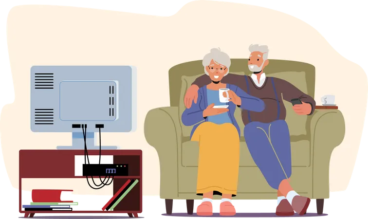 Senior Couple Watching Tv  Illustration