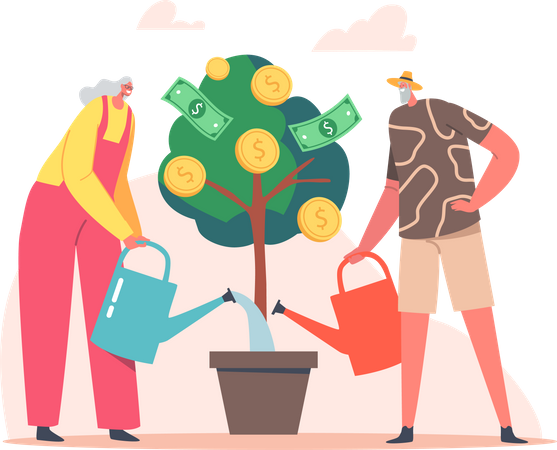 Senior Couple Watering Money Tree  Illustration