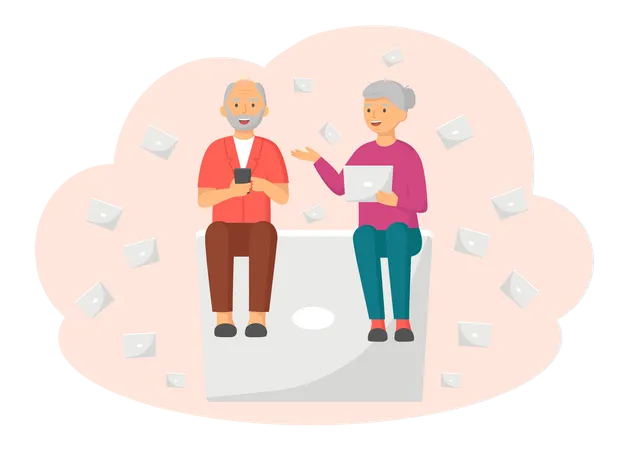 Senior Couple with different gadgets Illustration