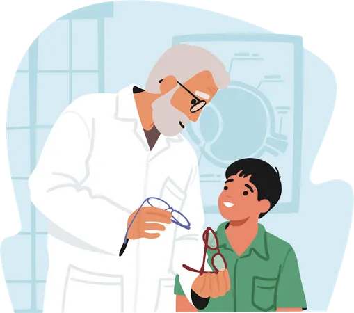 Senior Doctor Ophthalmologist Male Character Giving Eyeglasses To Little Boy Vision Diseases Treatment And Diagnostics Concept Patient At Doctor Oculist Appointment Cartoon Vector Illustration Illustration