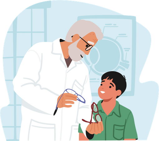 Senior Doctor Ophthalmologist Giving Eyeglasses to Little Boy  イラスト