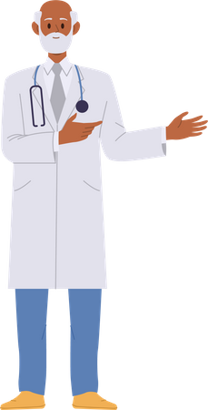 Senior doctor wearing white coat pointing aside  Illustration