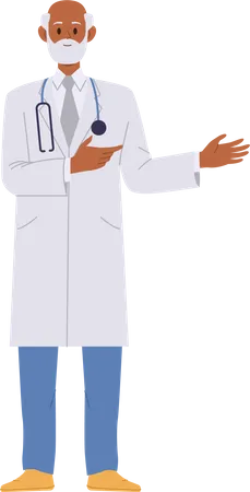 Senior Doctor Isolated Cartoon Character Wearing White Coat With Stethoscope Pointing Aside Vector Illustration Grey Haired Therapist Practitioner Pediatrician Or Surgeon Portrait People Profession Illustration