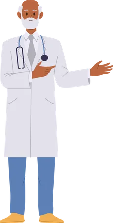 Senior doctor wearing white coat pointing aside  Illustration