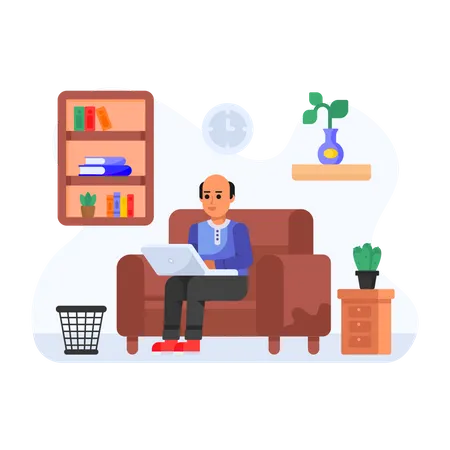 A Senior Employee Working From Home Flat Illustration Illustration