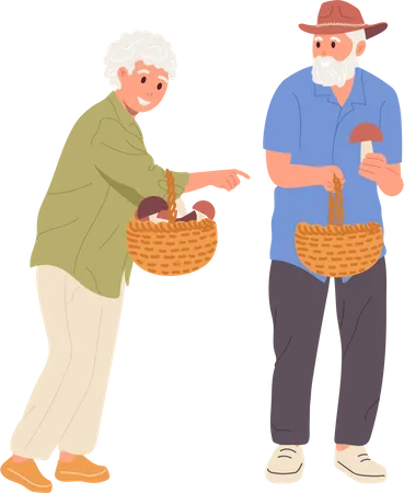 Senior family couple walking together and picking mushrooms Illustration